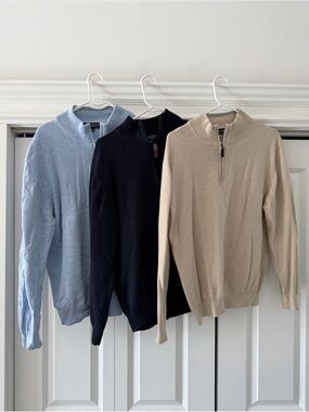 3-pack Men's Quarter-Zip Sweaters | Sky Blue, Navy, Beige | Large
